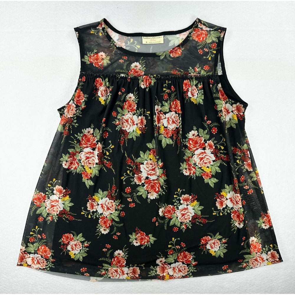 Bobbie Brooks Womens Small Black Floral Mesh Sleeveless Blouse Babydoll Top